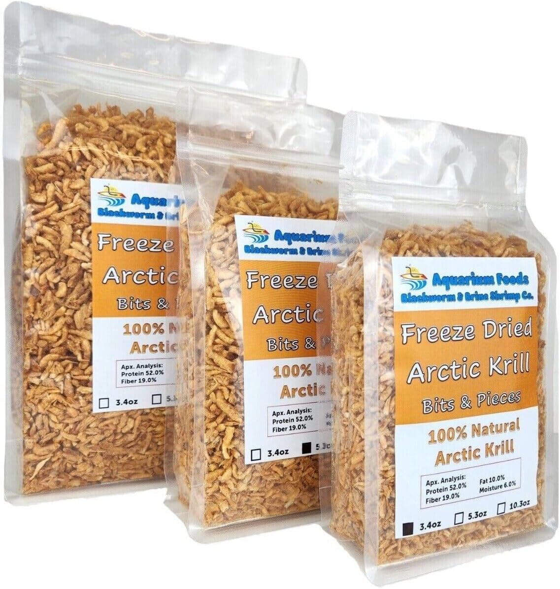 Aquatic Foods Inc. Arctic Krill, Floating Freeze Dried Krill Bits & Pieces for Tropical Fish, Marine Fish, Cichlids, Catfish, Koi, Aquatic Turtles, Land Turtles, Rodents, Reptiles…3.4oz Clear Bag