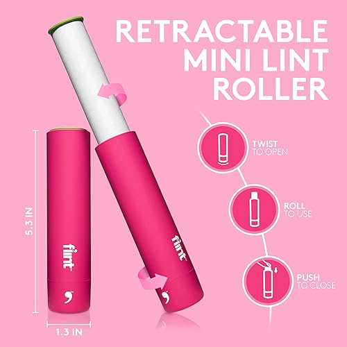 Miniatura 2 de Flint Mini rodillo retráctil rosa clásico con 90 hojas extra adhesivas, rodillo de pelusa pequeño y portátil, removedor de pelo de mascotas ideal,