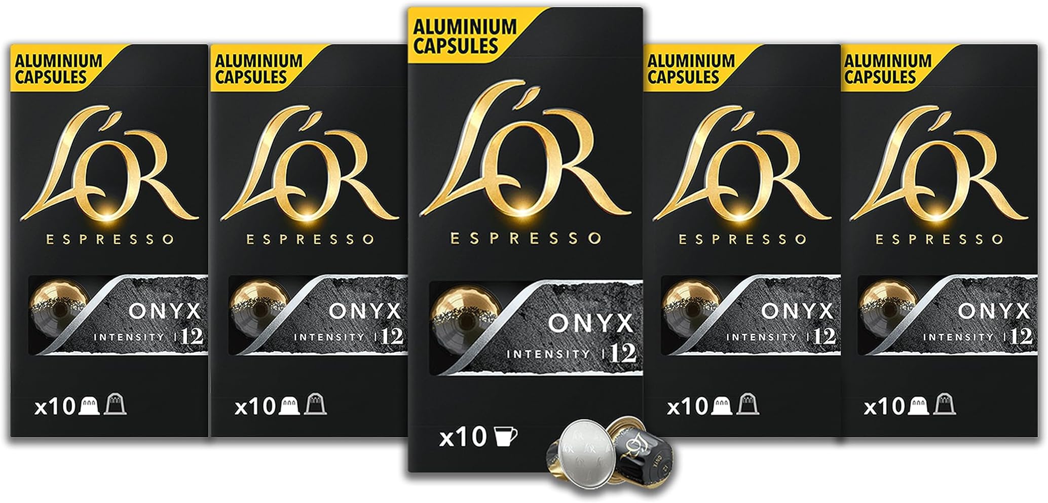 L'OR - Espresso Coffee - Onyx - Core Collection - Intensity 12 - Dark Roast - 50 Aluminium Capsules Compatible with Nespresso Original Machine (Pack of 4+1)