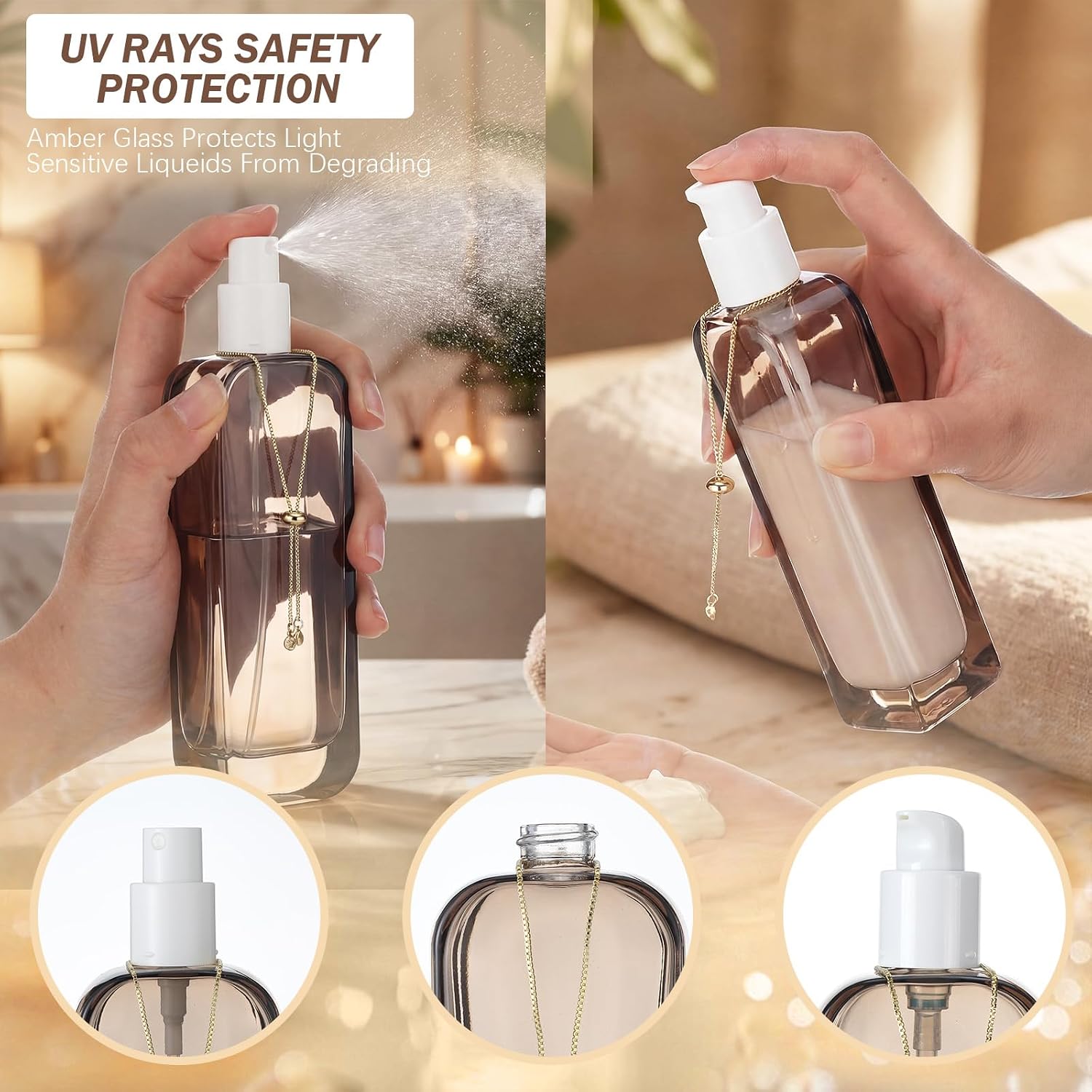4 Pcs 4oz Luxury Glass Bottles with Pump Glass Toner Bottle with Gold Chain Perfume Spray Bottle Travel Lotion Vial with 2 Plastic Pump Head 2 Spray Head for Cosmetic Toner(Brown)
