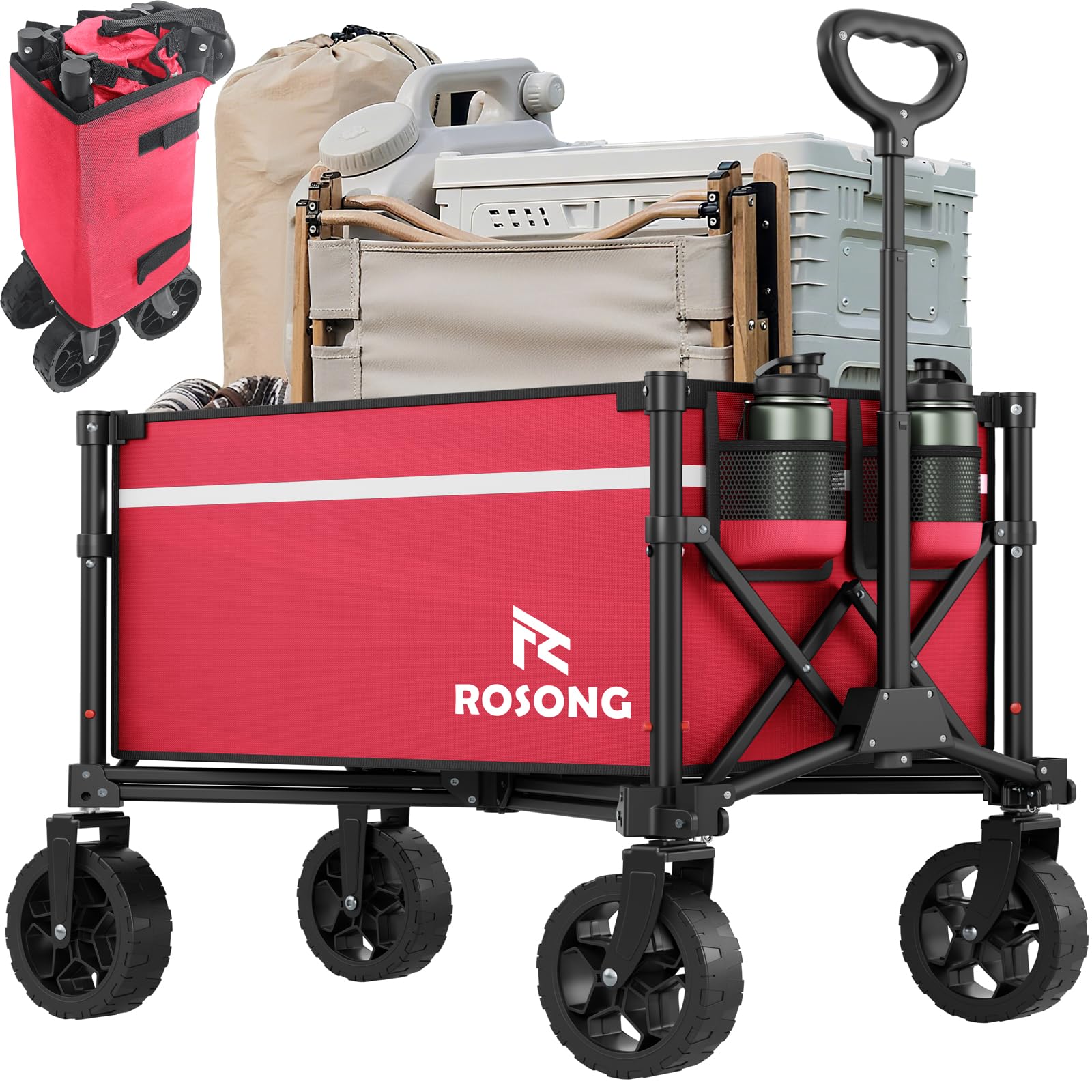 ROSONG Collapsible Wagon Cart with Wheels Foldable - Folding Utility Heavy Duty Wagons Carts for Grocery Sports Garden Shopping Camping Wheelbarrows (Burgundy, 90L)