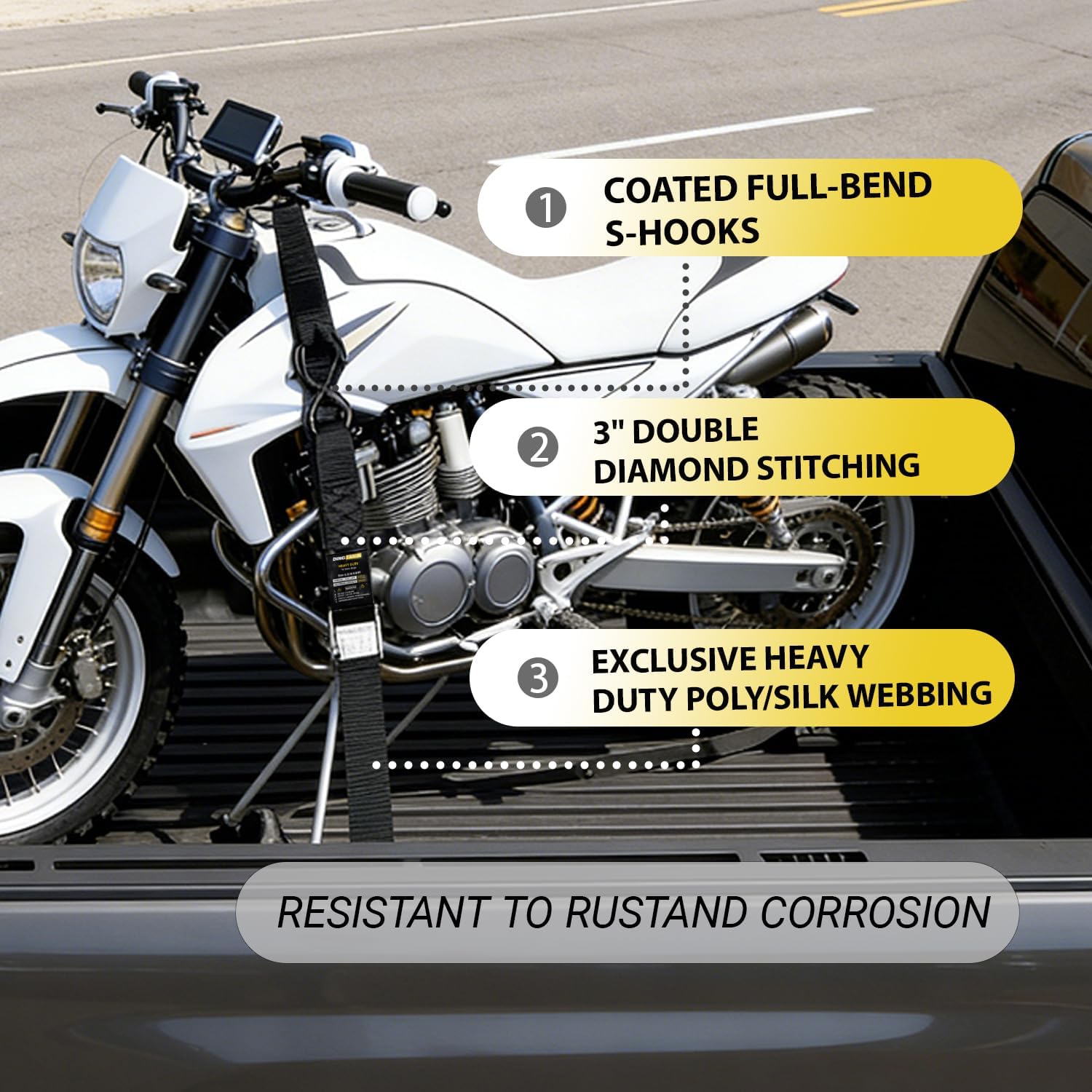 Motorcycle Tie Down Straps - 3,000lb Break Strength, 1.5 in X 8FT Heavy-Duty Cambuckle Tie Down Set with S Hook and Soft Loops - Better Than a Ratchet Strap Black