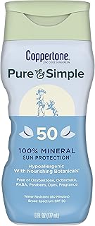 Coppertone Pure and Simple Zinc Oxide Mineral Sunscreen Lotion SPF 50, Body Sunscreen, Water Resistant, Broad Spectrum SPF 50 Sunscreen for Sensitive Skin, 6 Fl Oz Bottle
