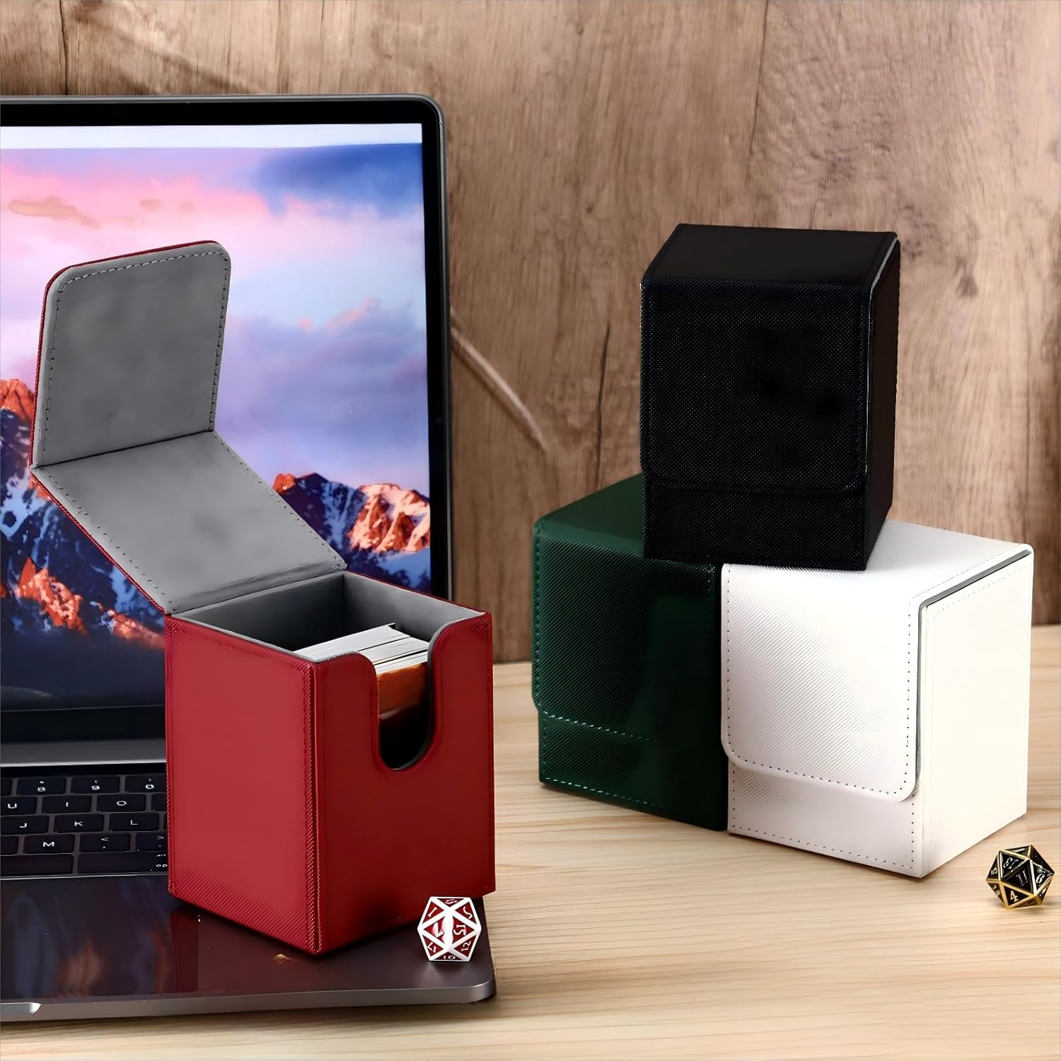 Yookeer 4 Pieces Leather Deck Card Boxes Cards Deck Game Box for Collectible Playing Card Box Compatible with MTG Commander(Black, White, Red, Green,Vertical)