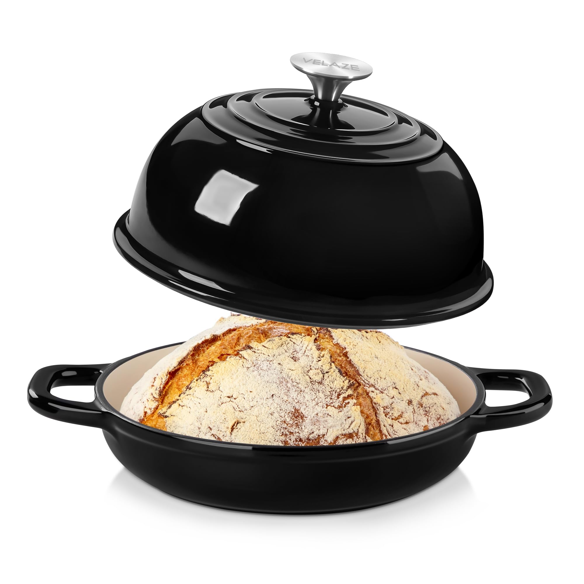 Velaze Gusseisen Topf Brot Backen, 4,8L Emaille Schmortopf mit Deckel und Griffen, 26 cm Brotbacktopf, Bräter Gusseisen, Dutch Oven für Küche Backen Schmoren & Braten (Schwarz)