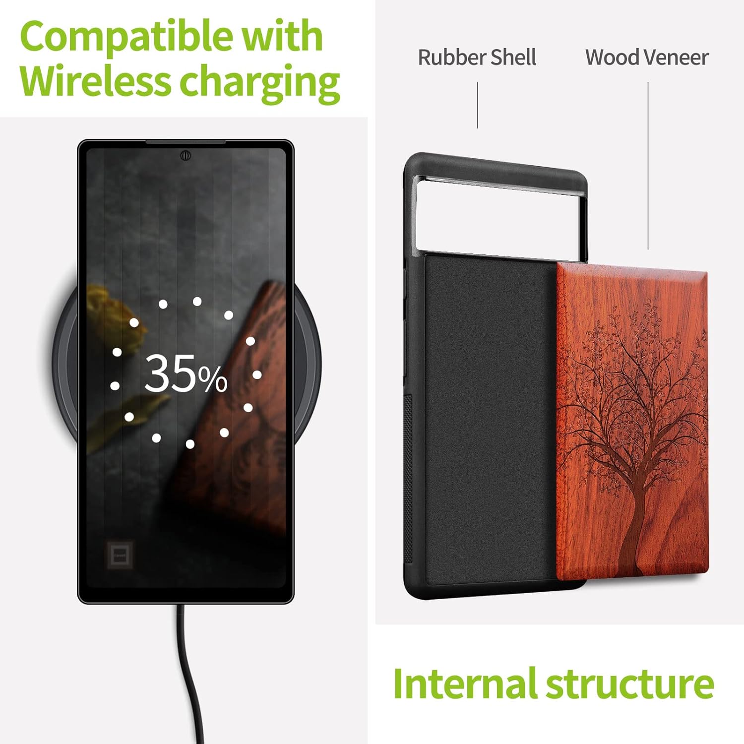 Carveit Wood Case for Pixel 6a Case [Natural Wood & Black Soft TPU] Shockproof Protective Unique & Classy Wooden Cover Compatible with Google Pixel 6a (Leafy Tree-Rosy)