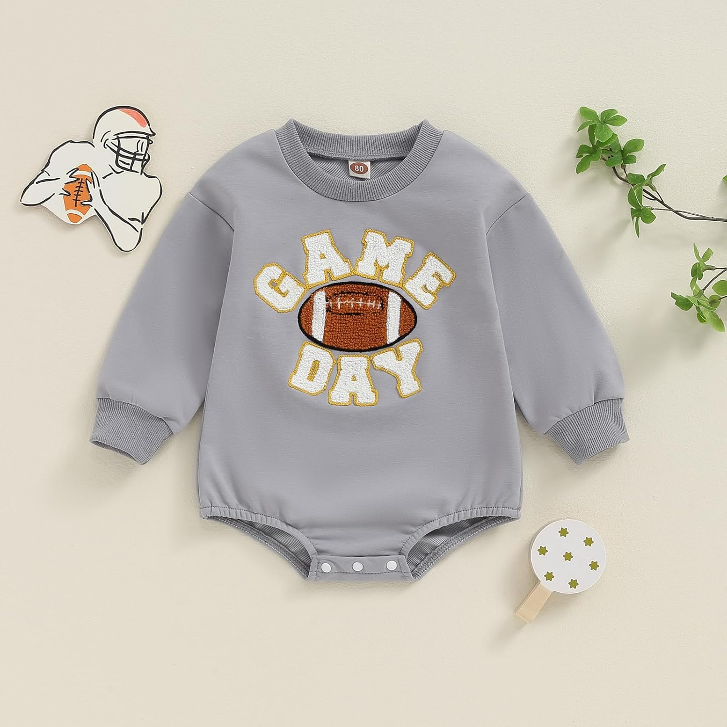 ZAXARRA Newborn Baby Boy Girl Fall Outfit Letter Football Print Embroidery Romper Long Sleeve Pullover Sweatshirt Jumpsuit - Image 2
