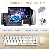 Vista 2 de Combo de teclado y mouse inalámbricos, teclado ergonómico de tamaño completo con diseño retro tipo máquina de escribir, con teclas redondas, Blanco