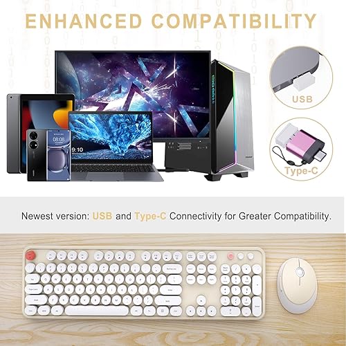 Miniatura 2 de Combo de teclado y mouse inalámbricos, teclado ergonómico de tamaño completo con diseño retro tipo máquina de escribir, con teclas redondas,