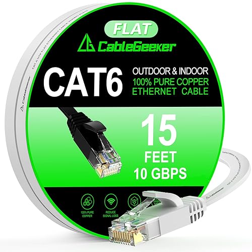 Miniatura 39 de Cable Ethernet Cat 6 de 30 pies, para interiores y exteriores, cable de red plano de Internet de alta velocidad de 10 Gbps, cable de conexión Blanco