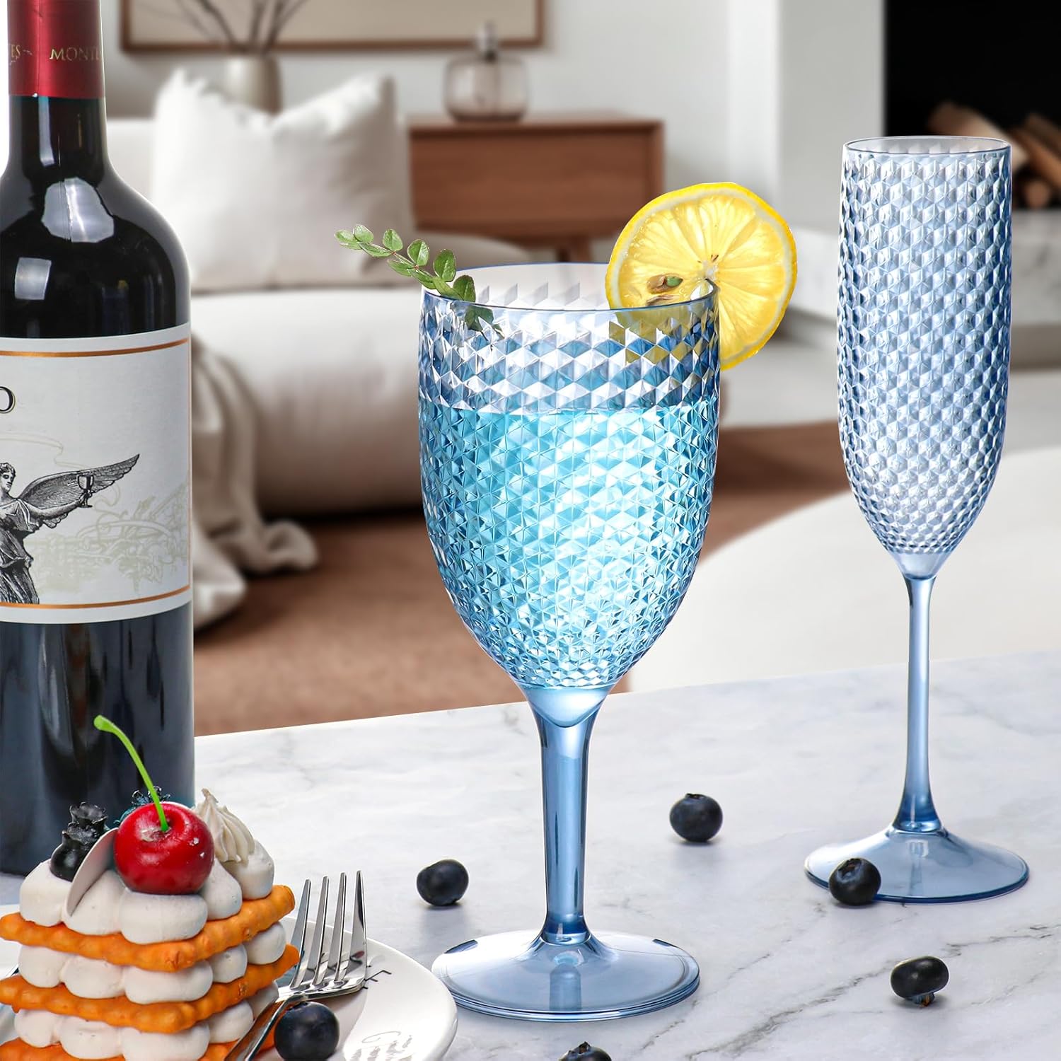 12Pcs Blue Plastic Wine Glasses 13.5oz Reusable Acrylic Wedding Goblets Toasting Glassware Unbreakable Wine Cups with Long Stem Crystal Drinking Glasses Champagne Flutes for Bar Restaurants Party