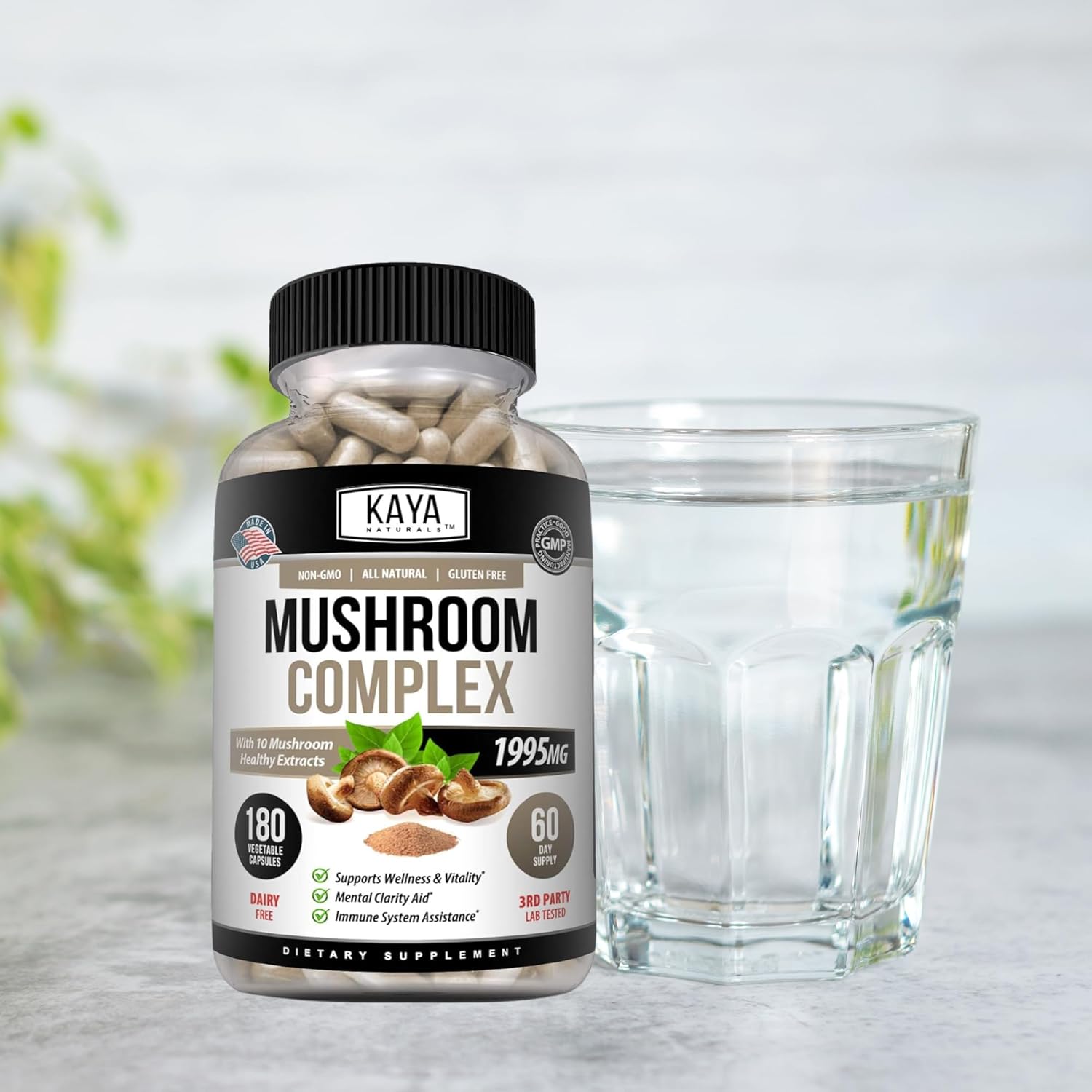 Kaya Naturals Premium Mushroom Complex Potent - Mushroom Supplement - Mushroom Complex Capsules 1995mg Per Serving - Aids Mental Clarity Supports Immune System, Wellness & Vitality - 180 Count