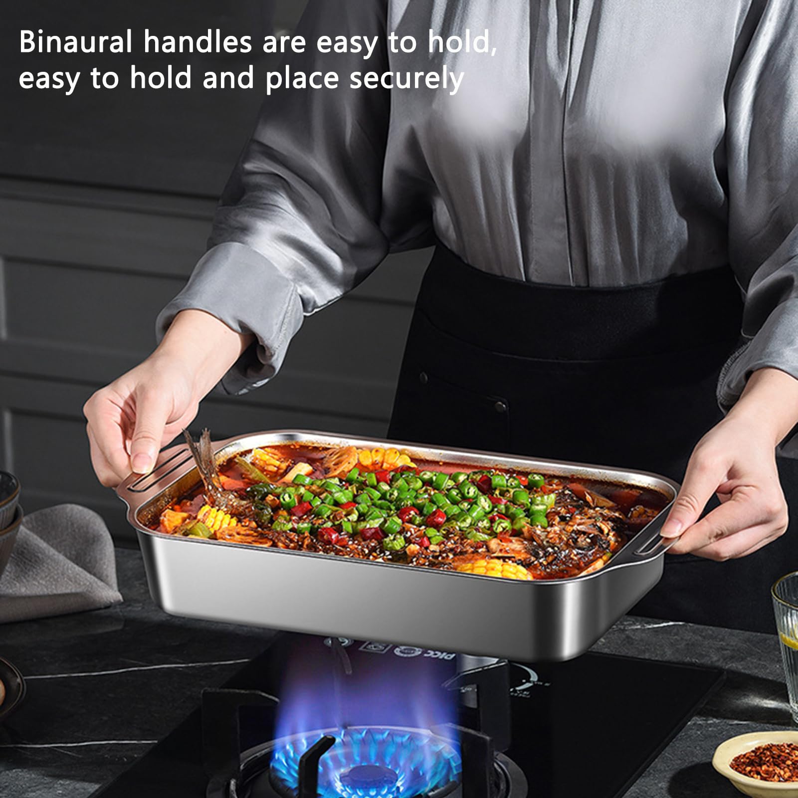 Sartén con asas y fondo a rayas – Bandeja rectangular de acero inoxidable para hornear pescado, molde para lasaña, tartas, bandeja para galletas, bandeja para servir pavo, jamón, costillas, 2 tamaños