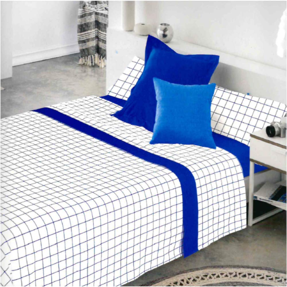 COTTON ARTean Juego de sabanas Cuadros Azul Cama de 150 x 190/200.