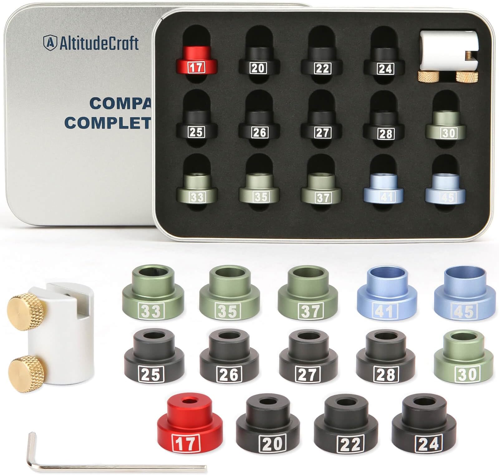 Bullet Comparator Kit with 14 Inserts, Universal Fit for .17 to .45 Calibers, Precision Ammo Reloading Supplies and Equipment and Gauge Tool with Tin Box, Anodized Aluminum