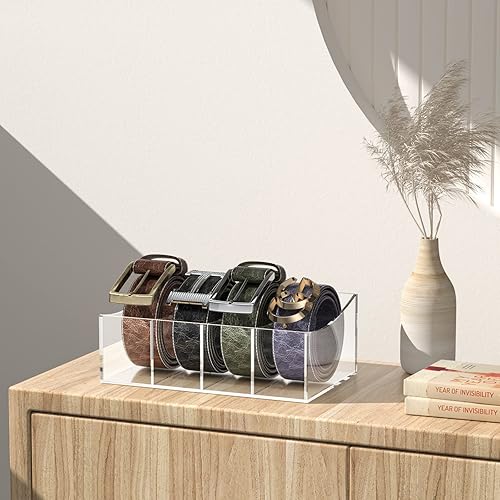 Miniatura 5 de Organizador de cinturón, soporte de almacenamiento de cinturón acrílico para el armario y el cajón, 4 compartimentos para cinturón, vitrina