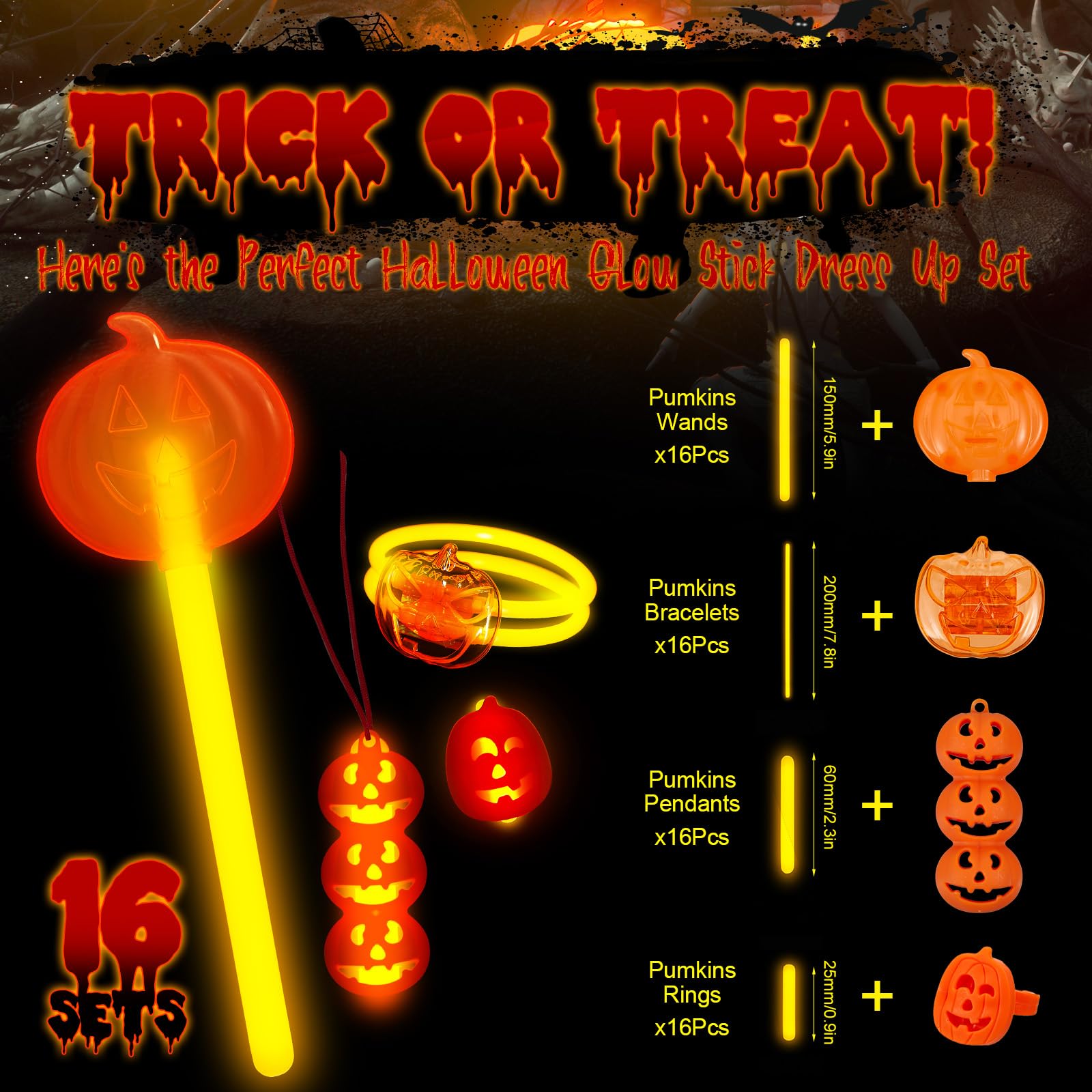 Lewtemi 64 Pcs Pumpkin Halloween Glow Sticks Set Include Bracelet Necklace Ring Wand Glow in the Dark Party Supplies Decorations Halloween Party Favors Goodie Bag Fillers Gifts for Kids Adults