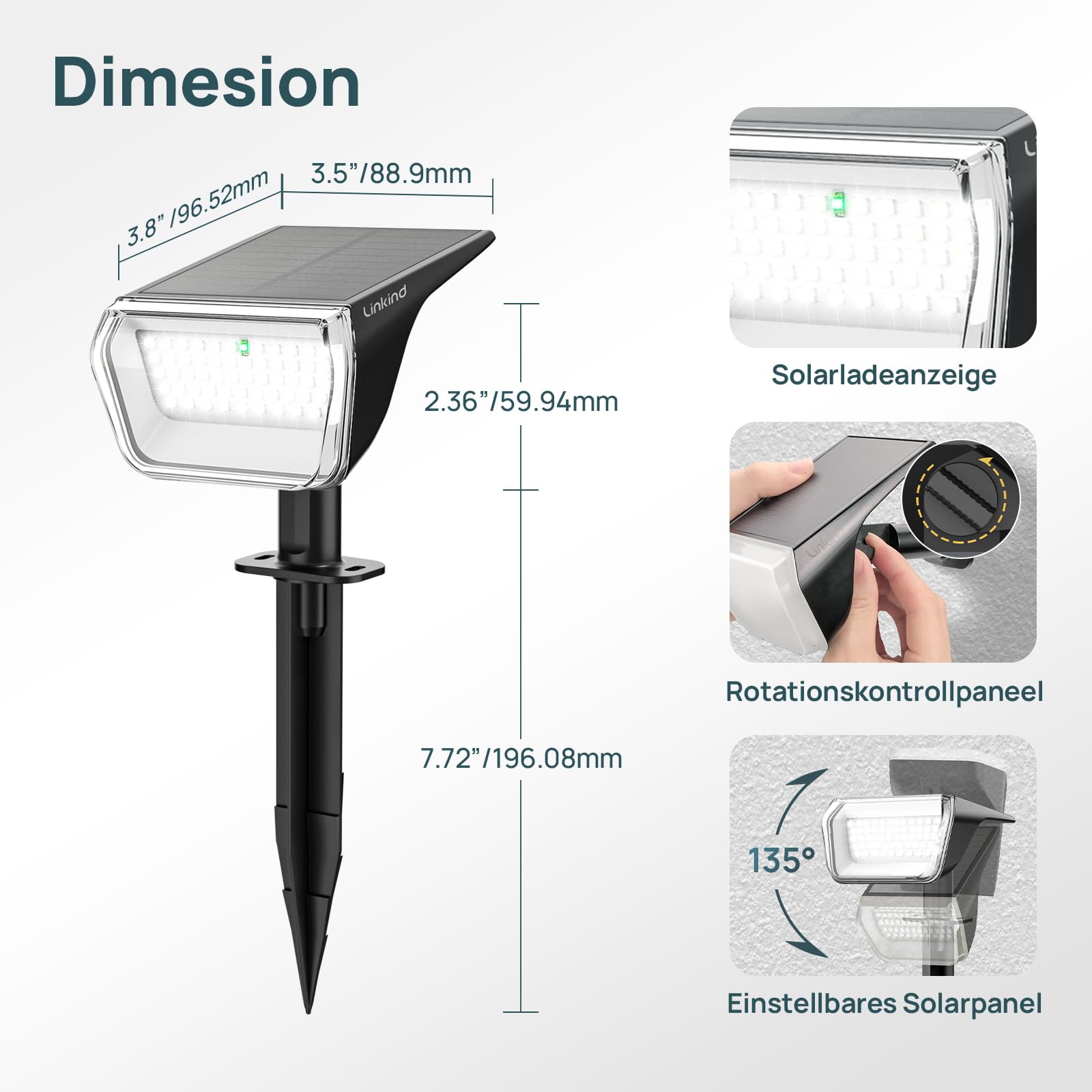Linkind 60-Led Solarlampen für außen 800Lm, Ultra-lange Leuchtdauer, Warmweiß Solar Gartenbeleuchtung mit intelligentem Entladealgorithmus, IP67 Solar Spots für Einfahrt, Vorgarten, 6 Stück
