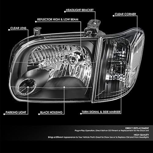 Miniatura 2 de DNA MOTORING Par de faros delanteros estilo OE compatibles con Sequoia 05-07 / 05-06 Tundra Crew Cab, negro/transparente, HL-OH-TT054P-BK-CL1