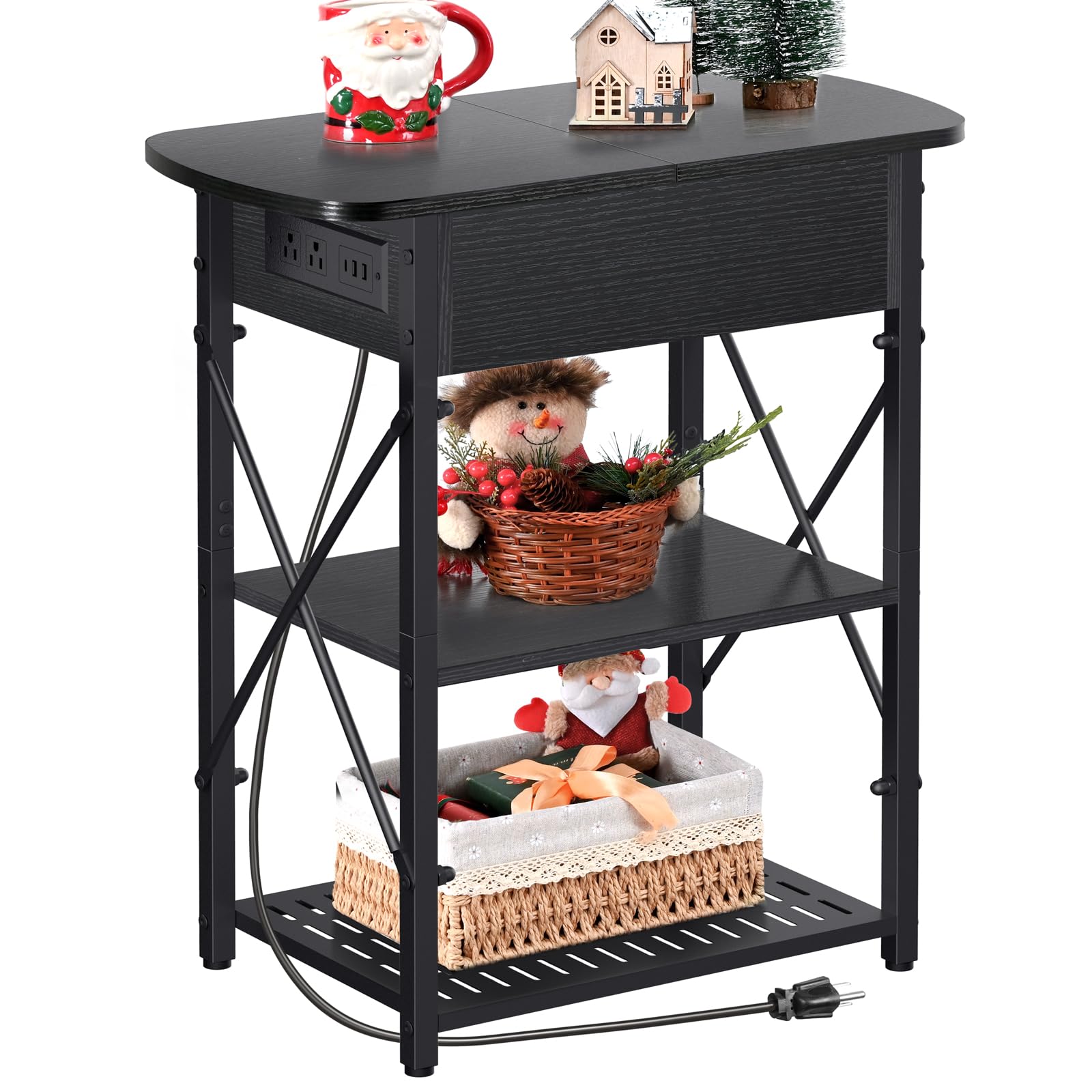 Livofloral Narrow End Table with Charging Station, Black Side Table with 3 USB Ports and 2 AC Outlets, Flip Top End Table with Storage, Side Tables Living Room, Nightstand with Drawer for Bedroom