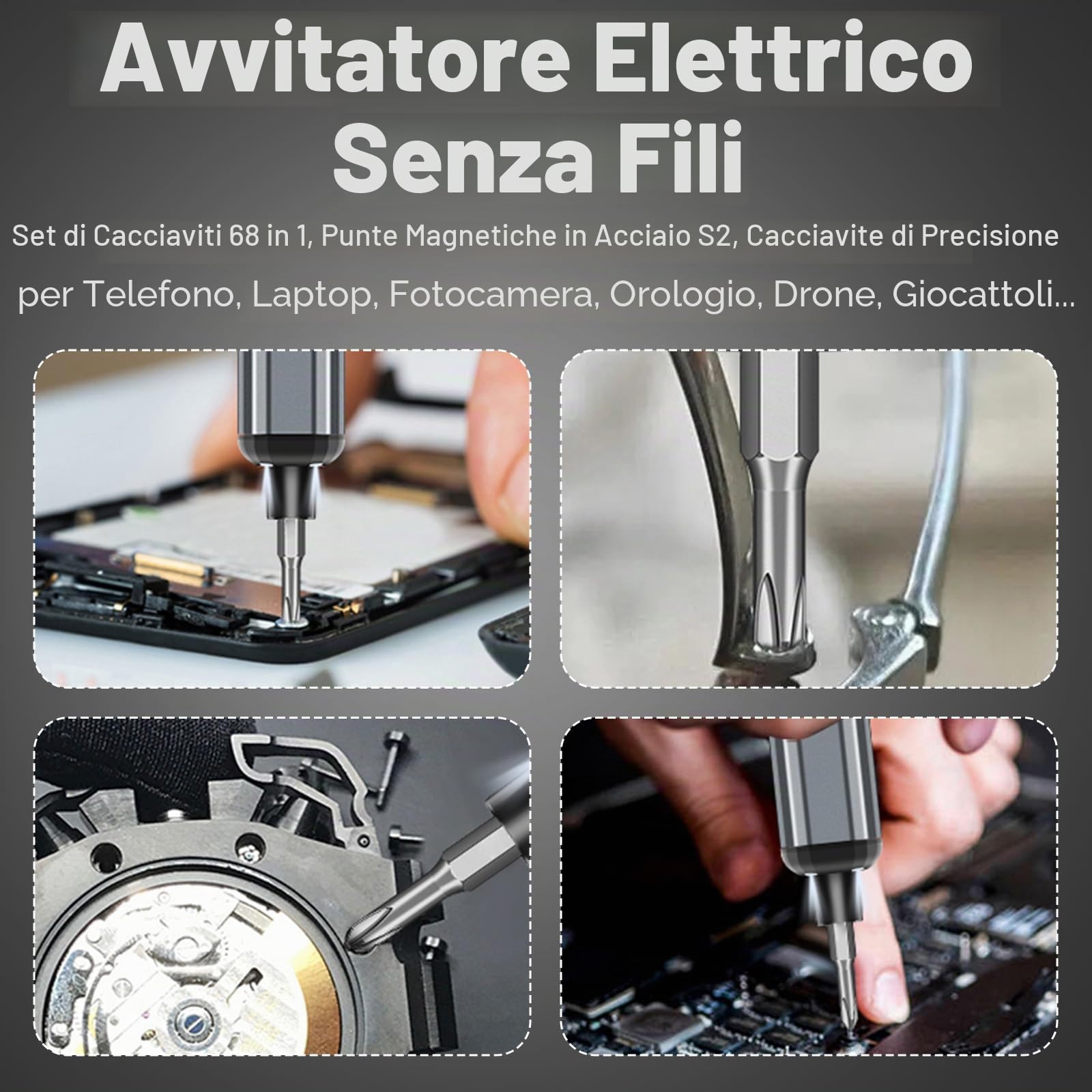 Mini cacciavite elettrico, cacciavite di precisione, strumento di riparazione, 68 in 1 con 68 punte magnetiche, 0.12 Nm a 0.35 Nm5/32 pollici Hex per iPhone, Laptop, Watch