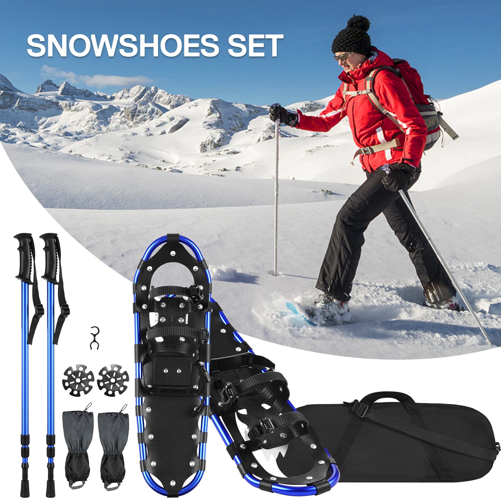 Lot de raquettes à neige en aluminium avec bâtons de trekking réglables, guêtres et sac de transport, 13 pouces/21 pouces/25 pouces/27 pouces/30 pouces pour adultes et enfants