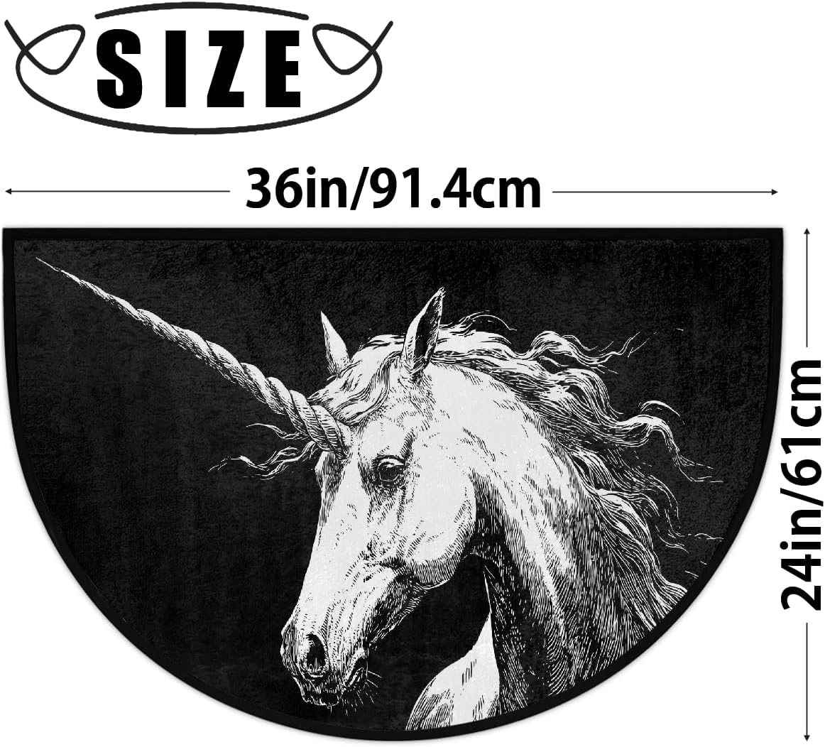 Unicorn Black Background Half Round Door Mat Non Slip Washable Semi Circle Area Rug Absorbent Soft Half Moon Rug Floor Mat for Indoor Outdoor Kitchen Bathroom Patio Front Door Mat Decor