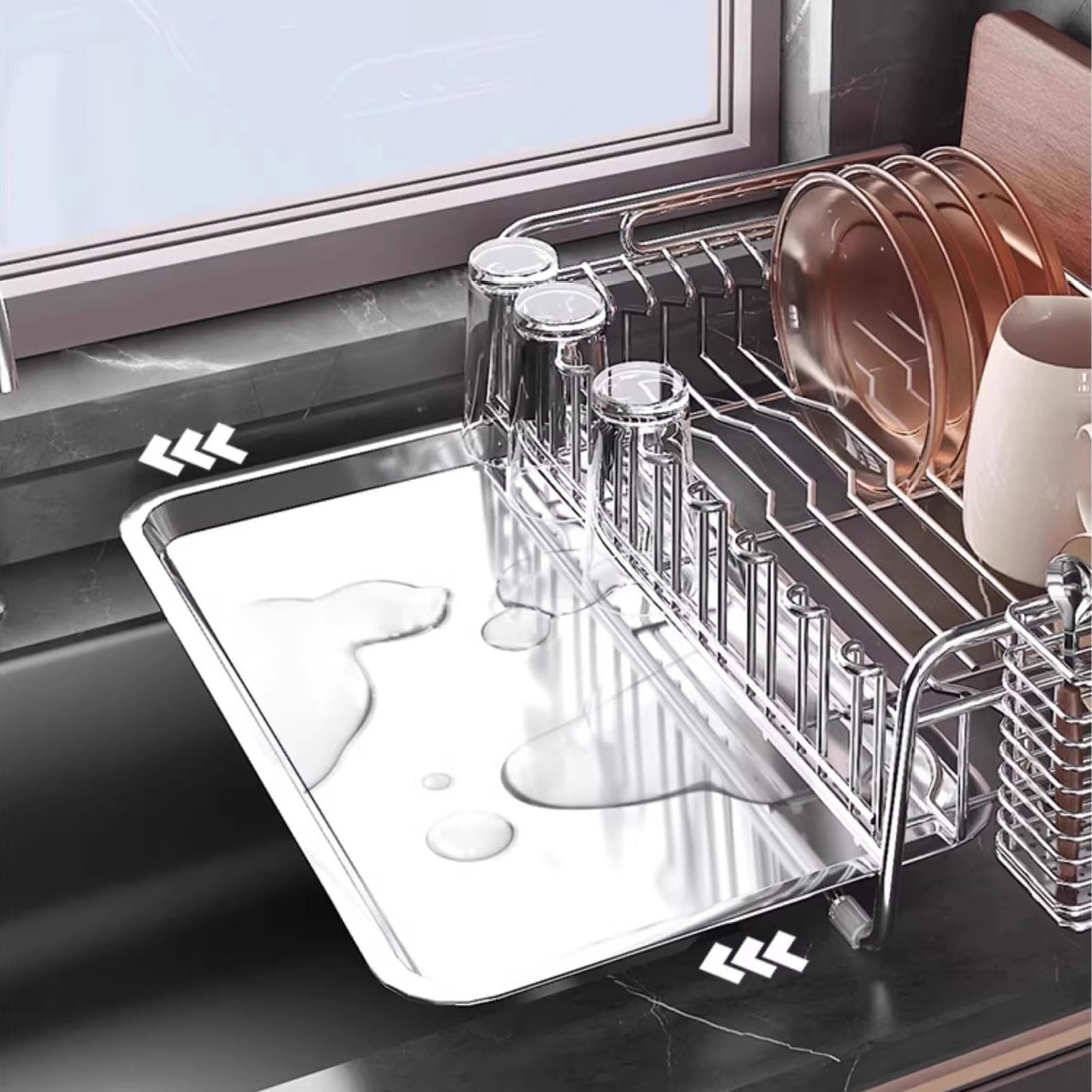 Scolapiatti in Acciaio Inox con Vassoio Rimovibile, Ideale per Piatti e Ciotole, da appoggio sul Piano di Lavoro della Cucina (36x20,5 cm)