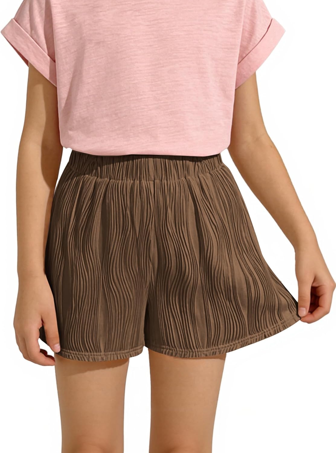 Girls Summer Shorts Cute Pleated Elastic Waist Textured Casual SweatShorts - Image 2