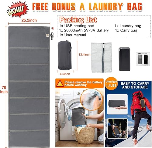 Miniatura 7 de Forro para saco de dormir con calefacción, almohadilla térmica USB para mochileros, camping, calentador eléctrico para saco de dormir (gris, 75 x 25
