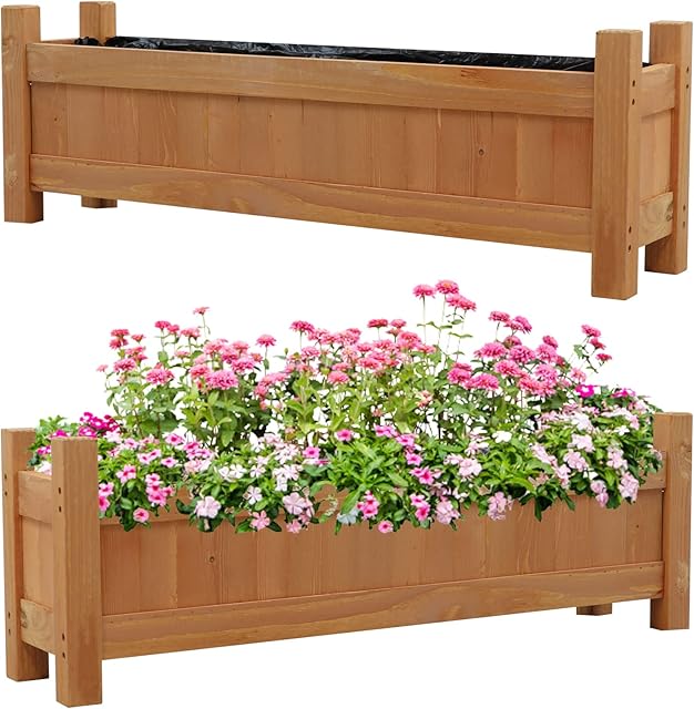 Woodside Aldeby Large Wooden Garden Trough Planter/Flower Container Window Box, Heavy Duty Raised Bed, pack of 2, Outdoor use
