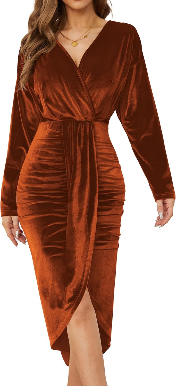 Women's V Neck Long Sleeve Ruched Dress Sexy Velvet Cocktail Party Evening Club Midi Dresses