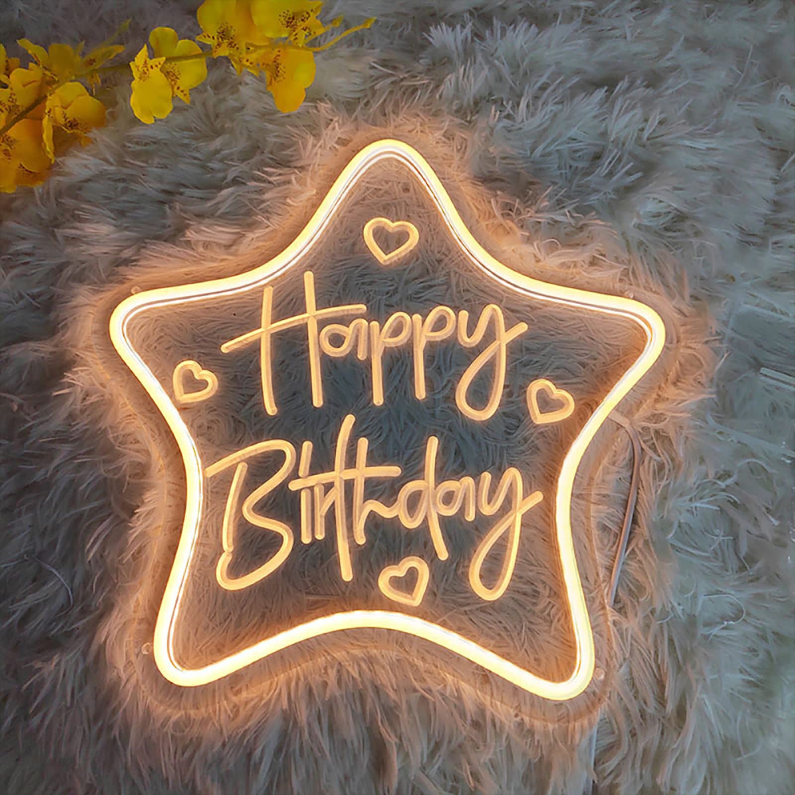 Led Neon Signs|Star Shape Happy Birthday Letters Glowing Modeling Lights|USB Powered Dimmable Birthday Party Decor Ambient Lights,Warm White