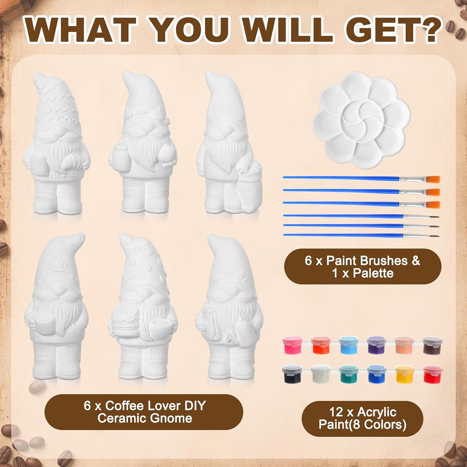 Arrowbash 6 Pcs Coffee Gnomes Ceramic to Paint Kit for Adults, 5.1 Inch image 3