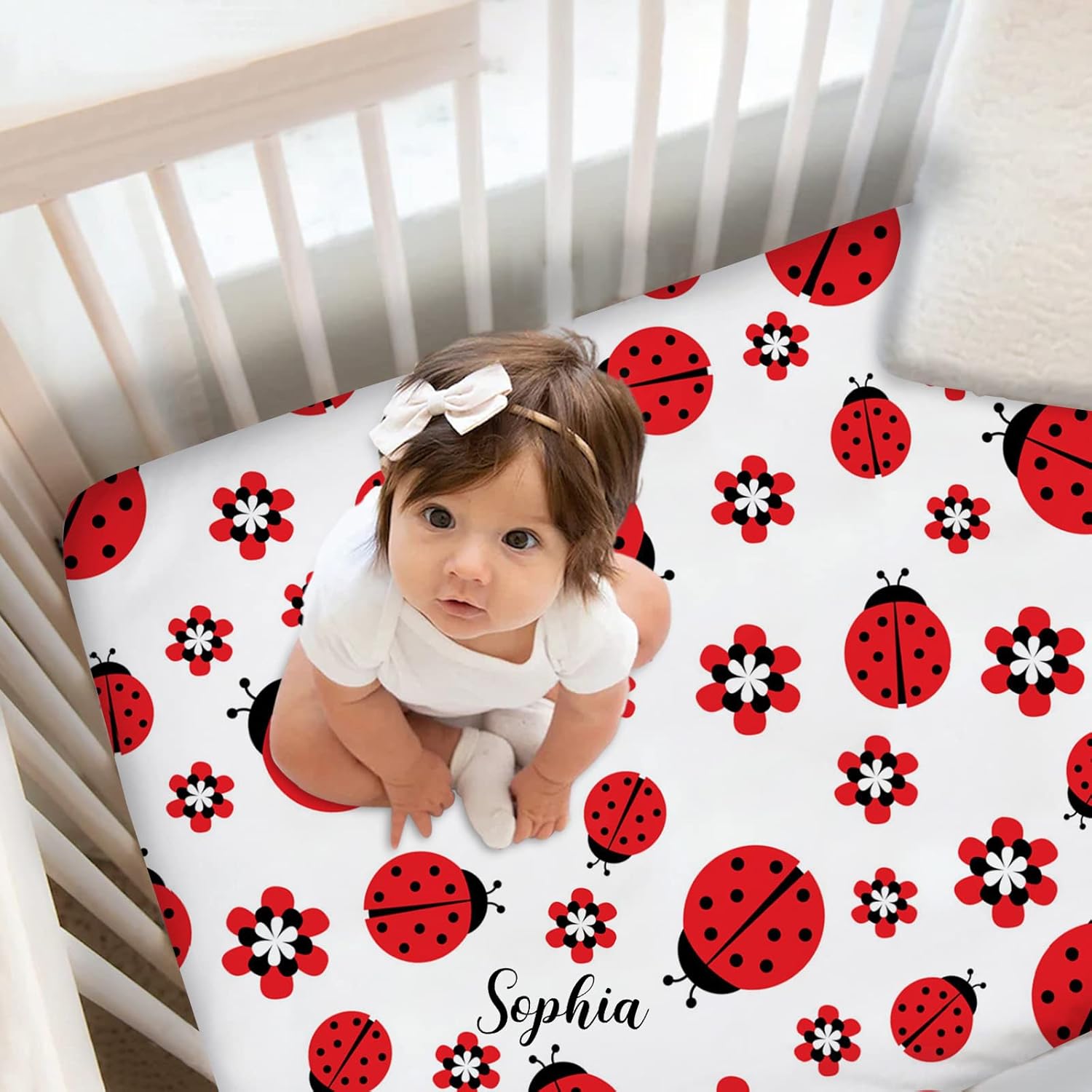Personalized Crib Bedding Set for Baby Girls, Custom Baby Girl Crib Bedding Set with Name, Ladybug Nursery Bedding, 2 Piece Baby Crib Bedding Sets, Name Crib Comforter, Crib Fitted Sheets for Babies