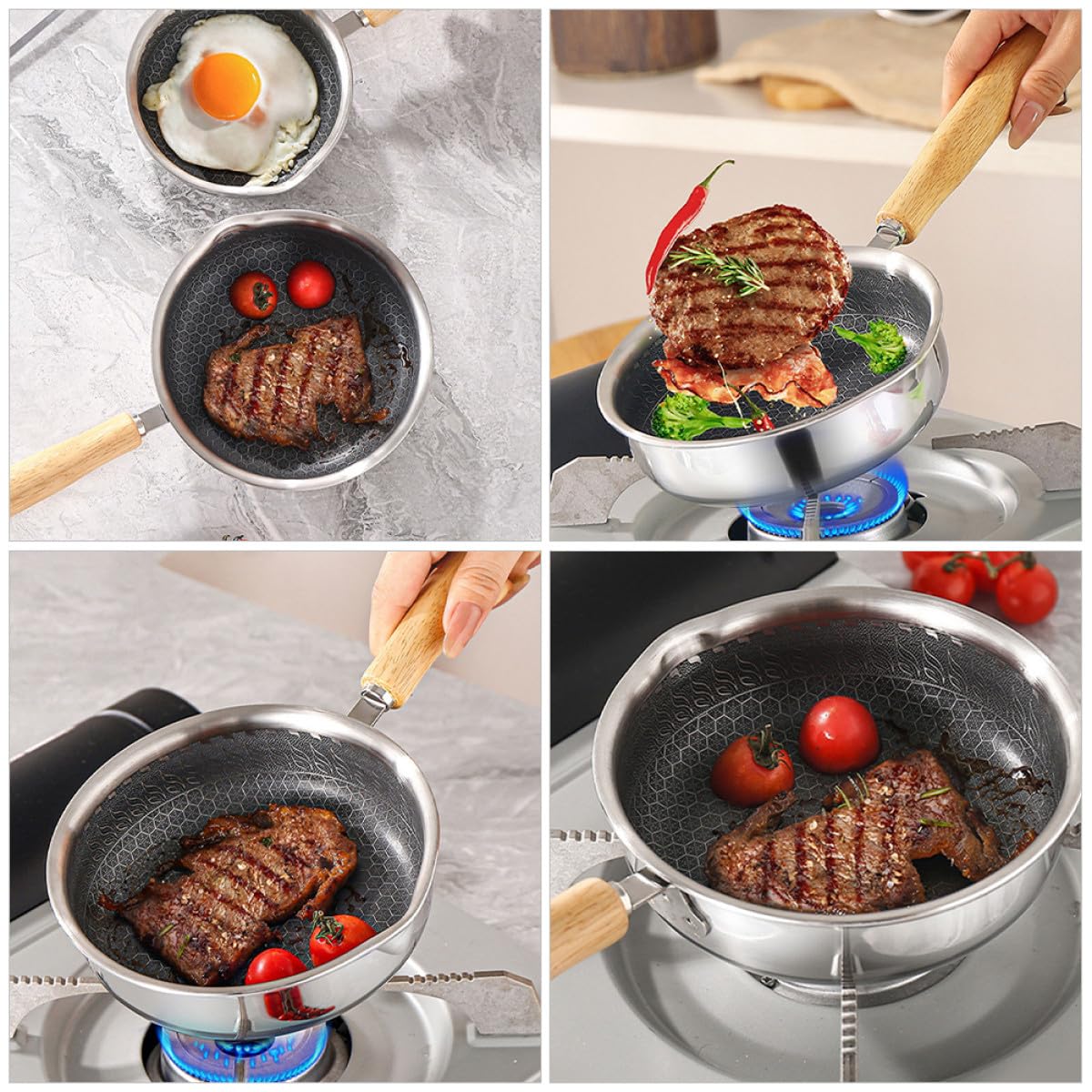 NUOBESTY Padella Antiaderente in Acciaio Inox Padella Nido D'ape per Cucinare Uova e Bistecche con Fondo Piatto per Distribuzione Calore Uniforme Facile da Pulire e Portatile