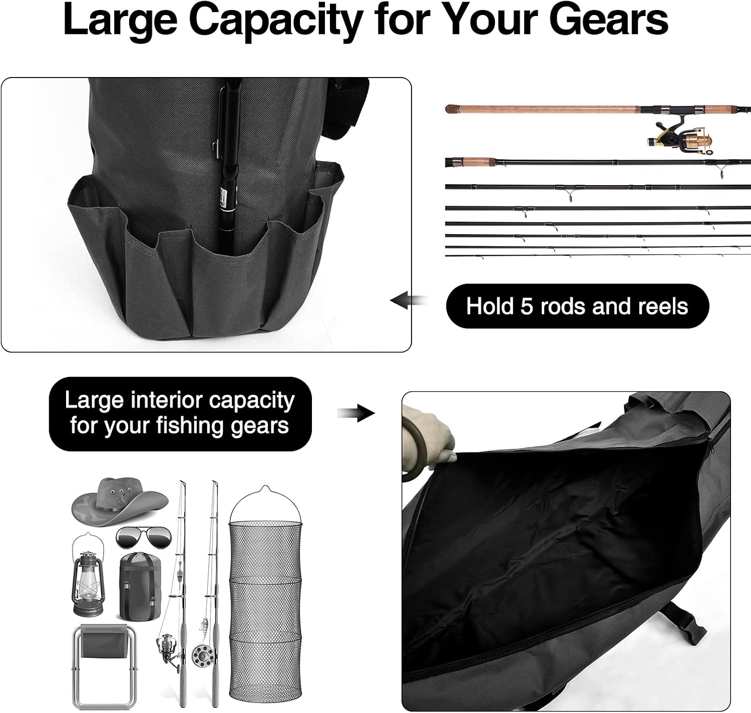 DONQL Fishing Rod Bags with Rod Holder Fishing Pole Holders Reel Case | Drawstring Fishing Pole Bag, Outdoor Fish Rod Reel Bag Holds 5 Poles&Fishing Tackles, Fishing Gear for Men