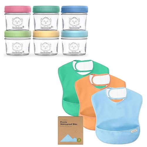 KeaBabies Paquete de 6 recipientes de vidrio para alimentos para bebés y paquete de 3 baberos impermeables para comer, 4 onzas, a prueba de fugas,