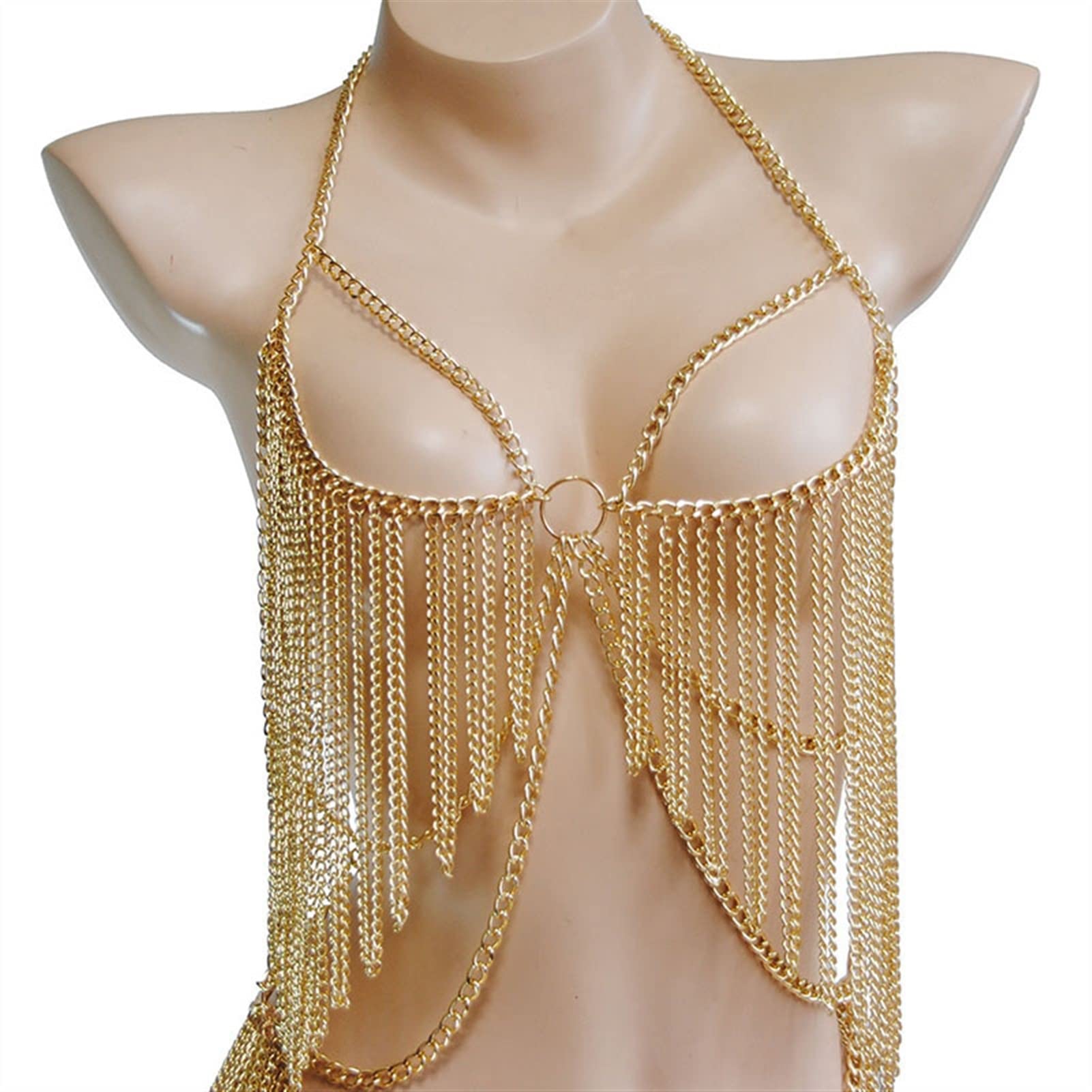 RWRAPS Metallkette mit Quaste, sexy Damen-Bodychain, hoher Ausschnitt, ausgehöhlt, ärmellos, rückenfrei, Neckholder, Festival-Kleid-Accessoires, Bauchtaille-Kette (A Gold)