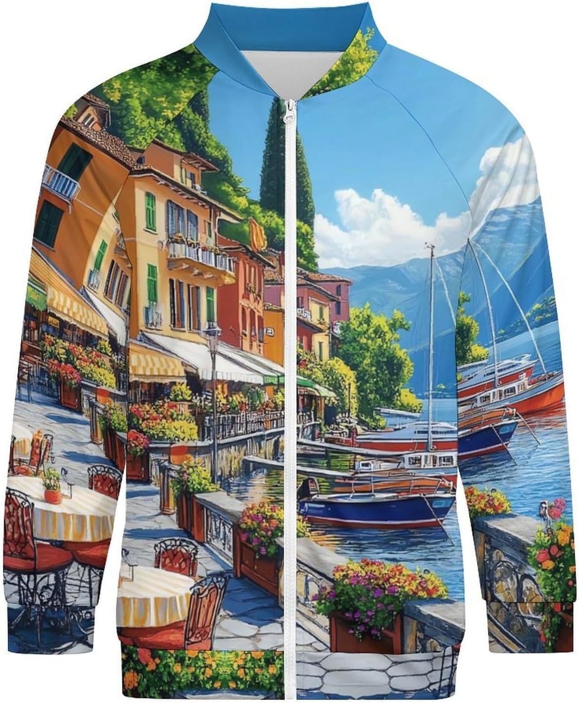 Italy Seaside Town Men's Zip Up Sweatshirt Casual Sweater Jackets Long Sleeve Tops Lightweight Coat