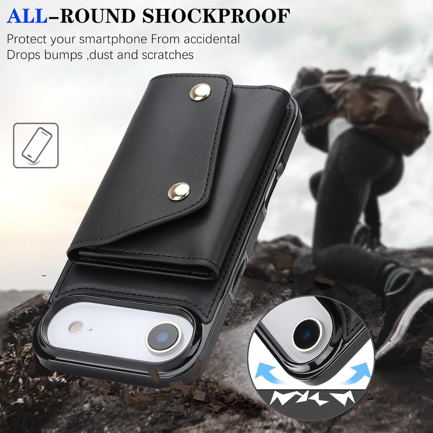 Crossbody Case for Apple iPhone 17 Air with Card Holder, Wallet Case Removable Lanyard Wrist Strap Shockproof with Kickstand Women Cover for iPhone Air.Crossbody Black