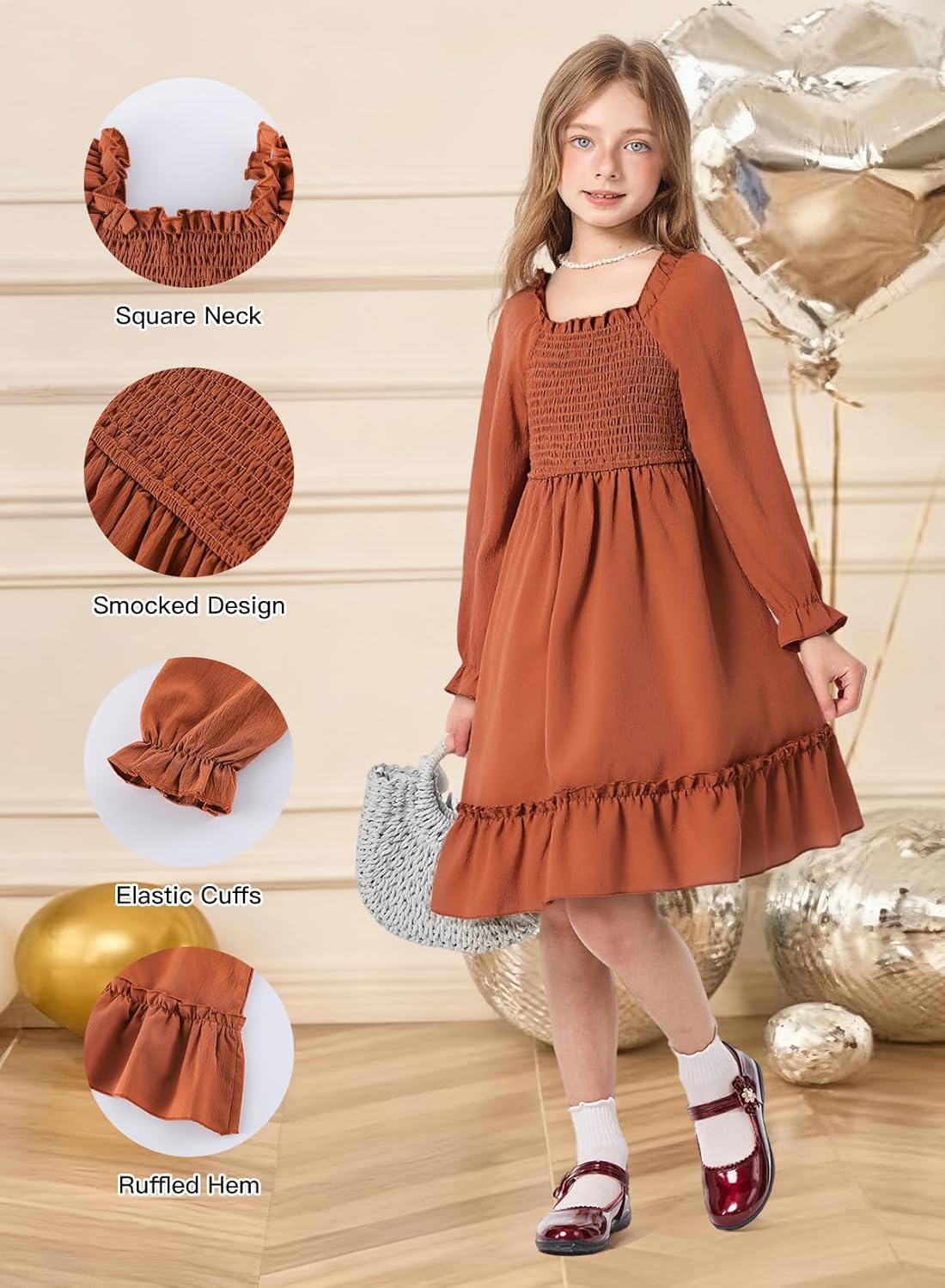 Girls Spring Dress Lantern Long Sleeve Square Neck Ruffle Dress Kids Easter Dress 5-14Y - Image 4
