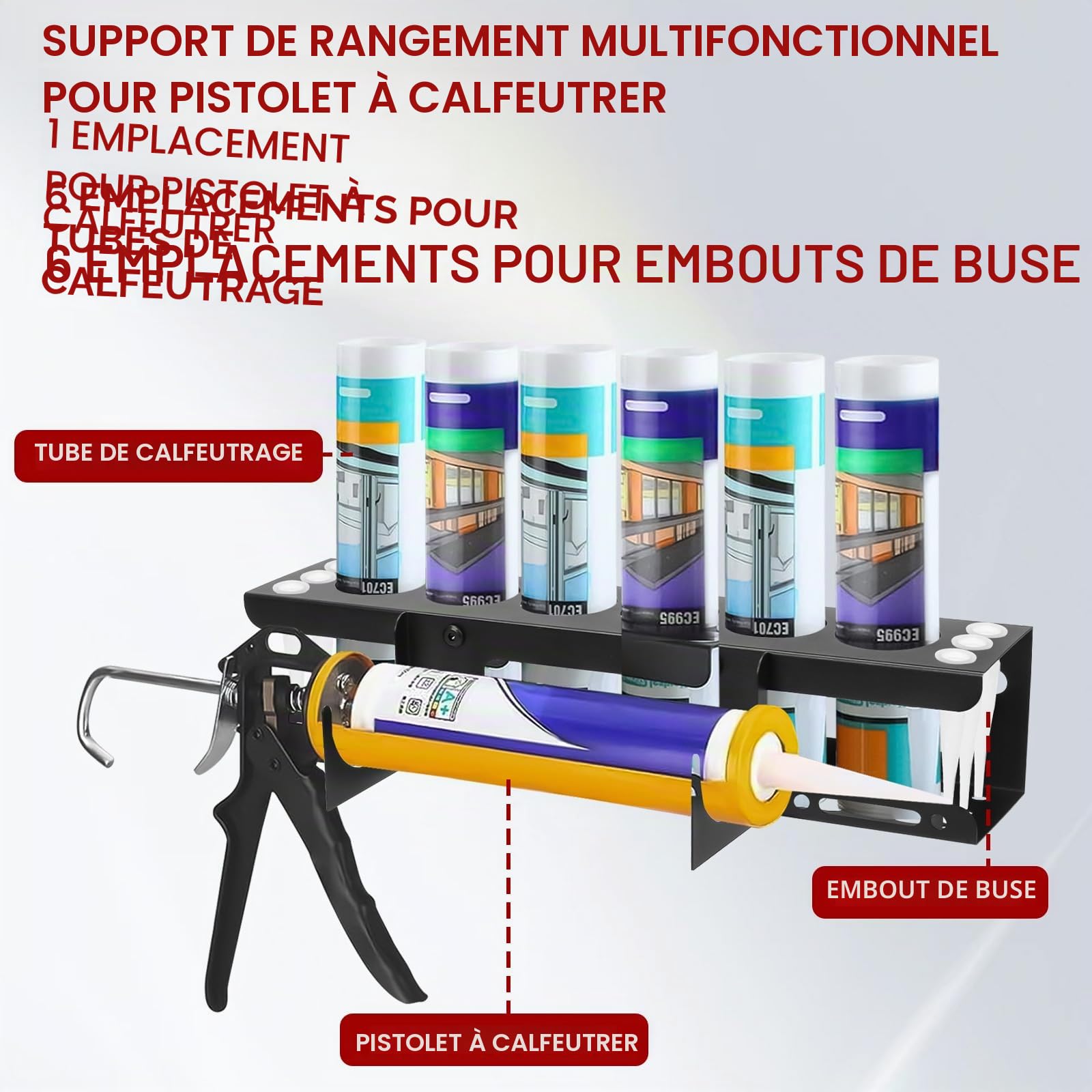 Tefola Support de rangement mural en silicone pour tubes de calfeutrage, pistolets à calfeutrer, support en métal pour rangement d'outils de van, accessoires pour 6 tubes de calfeutrage (1)