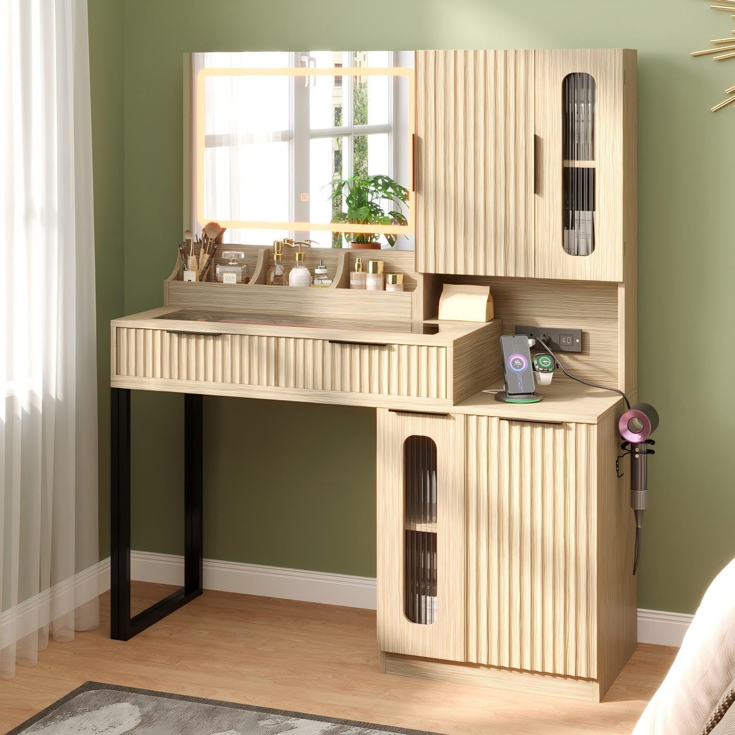 EROMMY 46.5" Makeup Vanity Desk with LED Lights and Large Mirror, Fluted Vanity Desk with 2 Drawers & 4 Storage Cabinets, Dressing Table with Glass Top and Charging Station for Bedroom Gift (Natural)