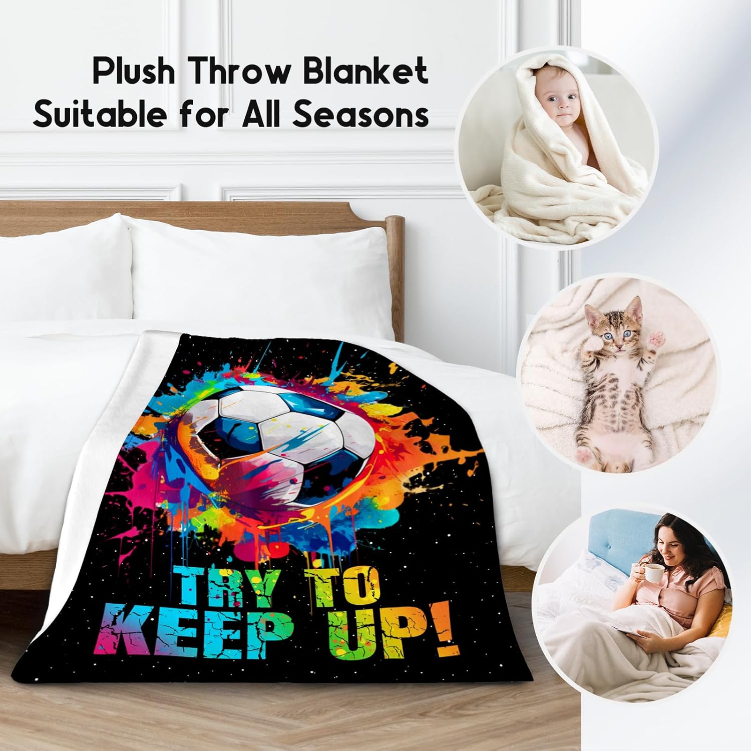 Soccer Gifts for Boys, Soccer Blanket Gift for Sport Lovers, Flannel Throw Blankets for Kids Girls Teens, Sports Decorations for Room Team Player (Colorful, 60x80 Inch)