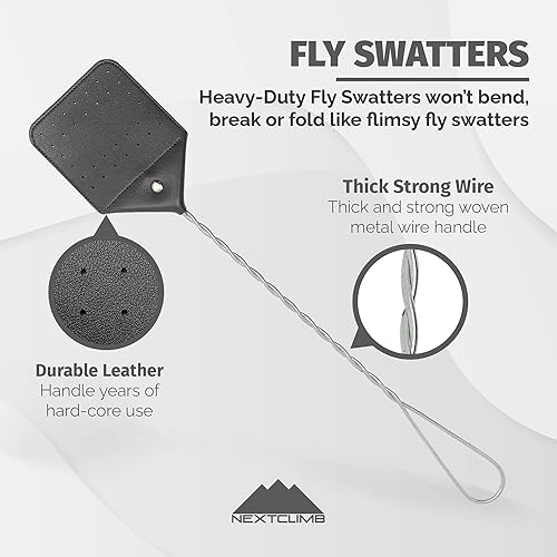 Miniatura 2 de Matamoscas de cuero vegano resistente, mango de alambre tejido de metal extra largo y resistente, matamoscas manuales grandes, matamoscas insectos,