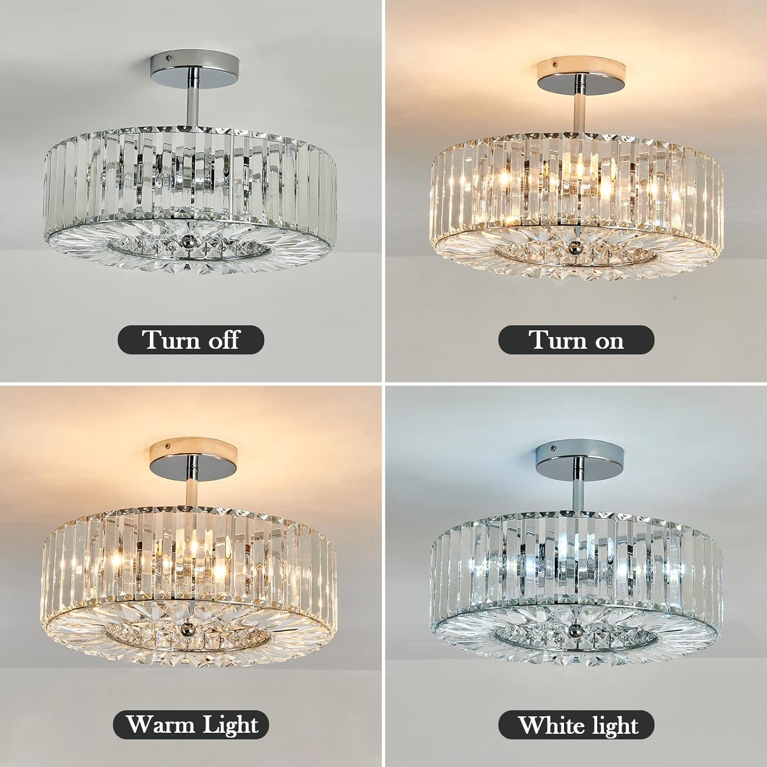4 Lights Modern Crystal Chandelier Chrome Round Semi Flush Mount Ceiling Light Fixture Farmhouse Chandelier for Dinning Room Living Room Bedroom Hallway Entryway Kitchen