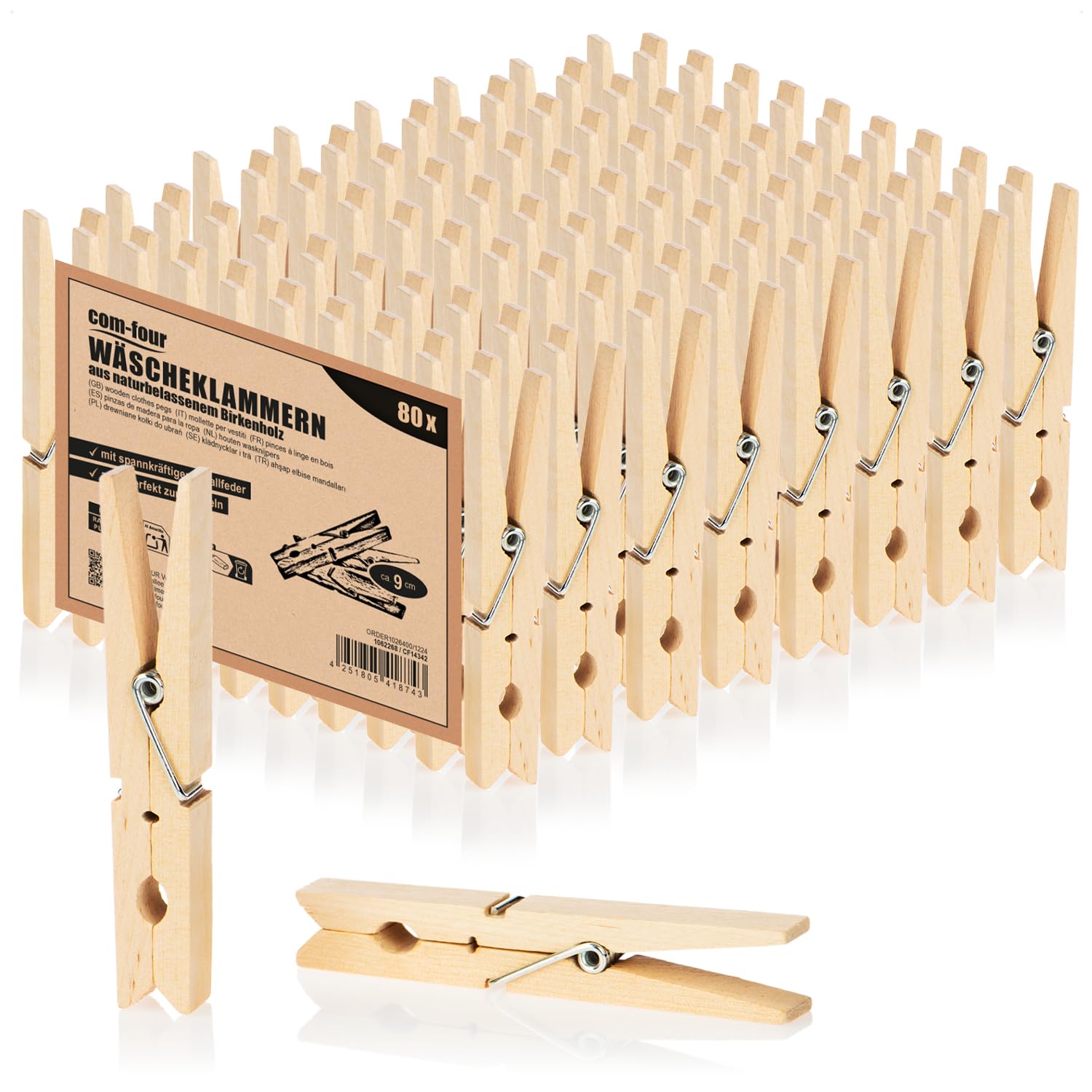 COM-FOUR® 80x clothespins XL made of wood - sustainable wooden pegs made of birch wood - untreated wooden clothespins for hanging clothes, approx. 9 cm (080 pieces - birch - XL)