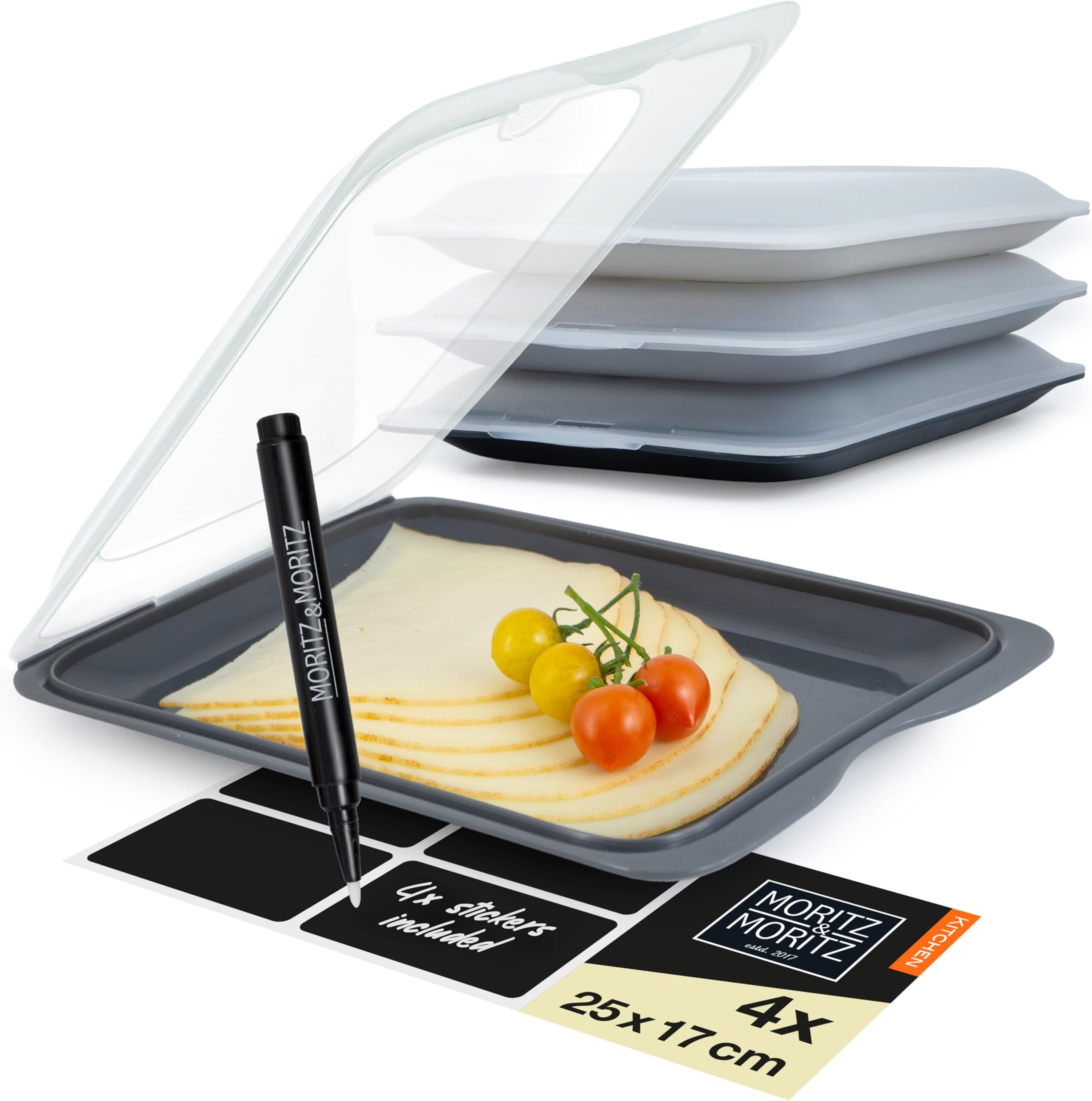 Moritz & Moritz 4x Cold Meat Containers for Fridge - Stackable - Grey Colours - Airtight Cold Cuts Storage Containers with Lids for Storing Cold Meats, Cheese etc. - with Stickers for Labelling