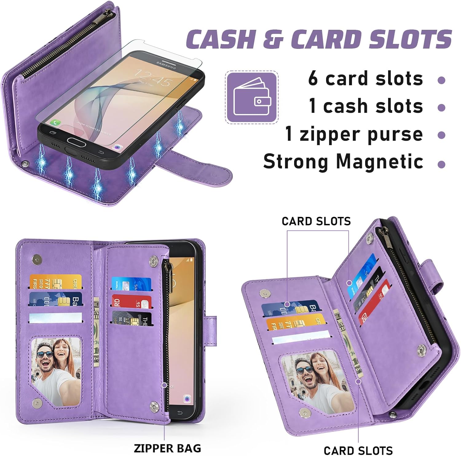 Phone Case for Samsung Galaxy J7 Prime 2017 J 7 Skypro Sky Pro J7V V S727VL Zipper Wallet Magnetic Detachable Cell Cover with Screen Protector Strap Flip Card Holder Slot Halo 7J Perx J7prime Purple
